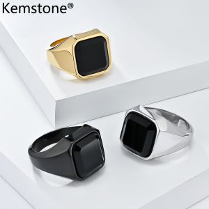 Kemstone Fashion Stainless Steel Black Agate Silver Gold Rings Jewelry for Mens Ring
