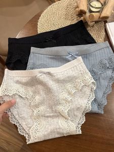 Lace Cotton Underwear Pure Cotton Antibacterial Triangle Thin Model for Girls mid Waist Large Size Summer Breathable Briefs