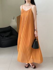 Orange Color Thin Strap Accordion Pleat Womens Dress Sweet And Spicy Style A-Line Long Skirt Korean Version Summer Outfit