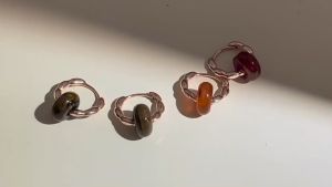 [138] Rose Gold Plated Vintage natural stone tiger eye agate stone rose gold hoop earrings