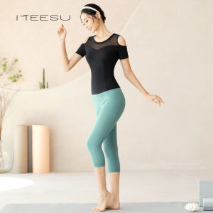 ชุดโยคะ Meisu สำหรับผู้หญิงพร้อมแผ่นเสริมหน้าอก คอลเลกชั่นฤดูใบไม้ผลิและฤดูร้อน แขนสั้น คอวี ชุดสองชิ้น ชุดโยคะ