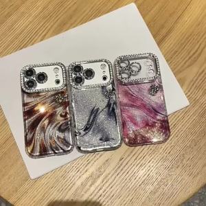 Potdemiel | Ốp Điện Thoại iPhone 13 14 15 16 Pro Max Chống Sốc Bảo Vệ Toàn Diện Họa Tiết Hoa 3D Đính Kim Tuyến Viền Kim Cương Của Potdemiel