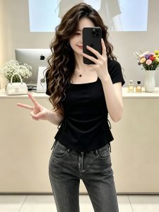 V.C.I | Black Square Collar Side Drawstring Slim Fit T-shirt