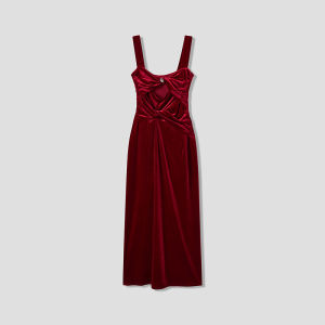 Summer Vintage Red Velvet Strap Hollow Dress