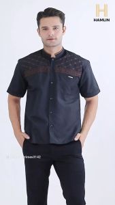 Hamlin Leopold Kemeja Koko Pria Lengan Pendek Motif Bordir Material Cotton ORIGINAL - Black