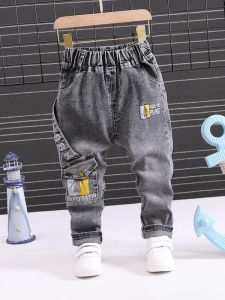 Korean Style Baby Boys Jeans Spring Autumn Fashion Long Trousers Cotton Denim Non-Fleece Casual Mid-Waist Elastic Waistband