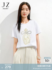 Juzi Annako Casual Commute Style Bead Decoration Loose Womens T-shirt Summer New Arrival Straight Cut Cotton Short Sleeve