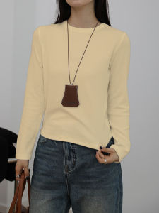 เสื้อยืดคอกลมแขนยาวทรงสลิมฟิตสำหรับผู้หญิง ผ้าฝ้ายแท้ ทรงเข้ารูป เสื้อชั้นในฤดูใบไม้ร่วง/ฤดูหนาว แฟชั่นสำหรับผู้หญิง