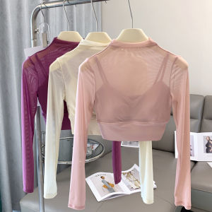 Pilates Training Outfit Long Sleeve Mesh Sports Bra with Chest Pad Yoga Running Quick Dry Fitness Top Womens Tight Fit Nylon