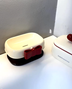 Cute Soap Box Whitered Soap Holder Drain Tray Dot Bow with Bow Design for Bathroom Sink - Creative and Functional Soap Dish With Lid Flip Top Drain