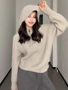 Womens Loose Hoodie Knitwear Winter Casual Inner Wear Base Layer Long Sleeve Zipper Solid Color Korean Style Comfortable Top