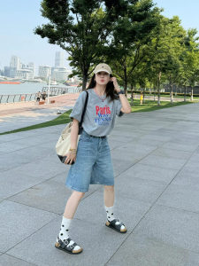 Light Wash Straight Leg Denim Shorts Womens Summer 2025 New Small Size A-Line Slim Loose Wide Leg Five-Quarter Mid-Pants