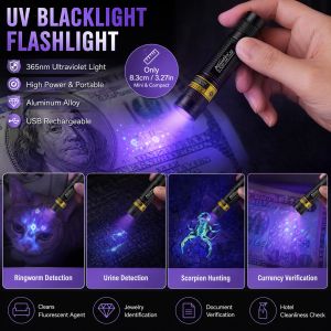 Mini 365nm UV Flashlight Blacklight USB Rechargeable Nails Lamp Led Torch Pet Urine Cat Tinea Money Ore Scorpion Detection Light