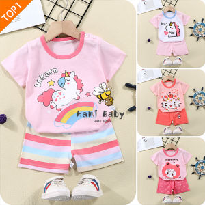 เสื้อยืดเด็ก เสื้อคอกลม+กางเกงขาสั้น ชุดเซตเด็ก2ชิ้น เสื้อเด็กหญิง ลายน่ารัก สำหรับอายุ1-5ปีพร้อมส่ง