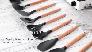 12 silicone kitchen utensils tools cooking set wooden handle spatula soup spoon set