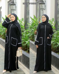 gamis terbaru 2022 abaya hitam casual zipper saku white busui daily