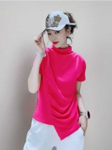 Asymmetric Short Sleeve T-Shirt Womens Fashionable Semi-High Collar Solid Color Elegant Top Korean Style Loose Fit Cotton Blend