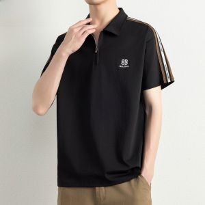 HENGYUANXIANG | Hengyuanxiang Mens Polo Shirt Half Zipper Short Sleeve Striped T-Shirt Fashionable Urban Style Breathable Lightweight Cotton Polyester Blend Summer New Arrival