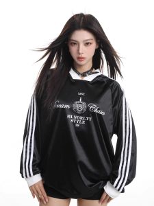 Áo Nỉ Cổ Chữ V Màu Đen Phong Cách Mỹ Cổ Điển Dành Cho Nữ Mùa Xuân Thu Bằng Vải Satin Bóng Mượt Thiết Kế Thể Thao Mới 2024