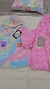 Isi 1 Pcs / 3 Pcs Jaket Hoodie Bulu Bayi Anak Perempuan Mantel Nayla Corak Pelangi / Sapi / Polos