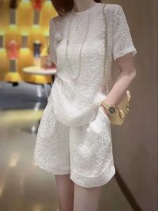 Bộ Đồ Hai Mảnh Thường Ngày Thanh Lịch Mùa Hè 2024 Cho Nữ Tay Ngắn Quần Ống Rộng Cổ Tròn Màu Trơn Chất Liệu Khác