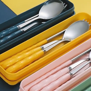 【LocaL Shipping】Vogvigo 4pcs/set Spoon Fork Chopstick Cutlery Portable Dinnerware Kit Lunch Tableware With Box Set 304 Stainless Steel Kitchen Accessories