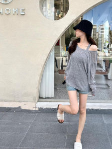 YUEZHONGWEI | French Style Summer Thin Long Sleeve T-Shirt Womens Grey Linen Silk With Strap Vest Two-Piece Set Shoulder Baring Sun Protection