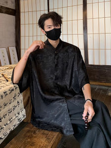 New Chinese Style Mens Acetate Satin Shirt Mens Short Sleeve Fancy Stand Collar Han Chinese Costume Tang Costume 3/4 Sleeve Shirt