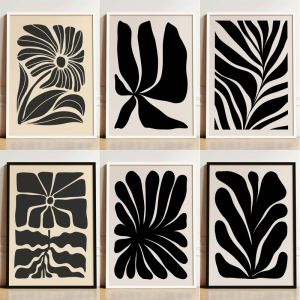 Black and Beige Dark Boho Flower Poster Abstract Mid Century Modern Botanical Canvas Painting Wall Art Picture for Home Decor