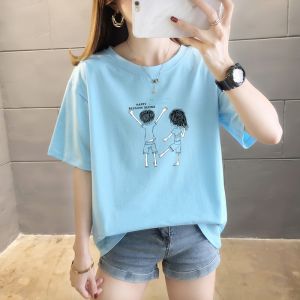 Áo Thun Nữ Tay Ngắn Mùa Hè 2022 Phong Cách Hàn Quốc 95% Cotton in Họa Tiết Thời Trang Cỡ Lớn Áo Thun Cotton Thoải Mái Thường Ngày