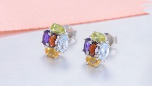 925 Sterling Silver Stud Earrings for Women Gift Natural Gemstone Garnet Peridot Blue Sky Blue Topaz