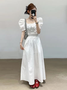 Elegant Two-Piece Set High Waist Bubble Sleeve Square Collar Womens Skirt And Top Slimming Effect Premium Feel Fashionable
