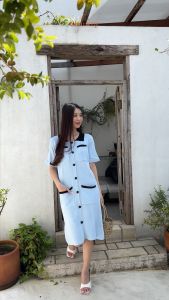 Clouwny Hope Button Dress Lengan Pendek Wanita Premium Knit Korean Look Fit to XXL