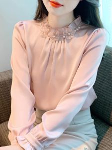 WANGGONGZHU | Elegant Stand Collar French Style Chiffon Shirt Womens Long Sleeve Autumn New Design Ageless Fashion Sensation Princess Cut