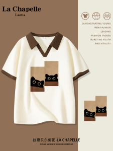 LaChapelle Polo Neck T-Shirt Womens Summer Fashionable Short Sleeve Printed Street Style Loose Fit Cotton Cartoon Print