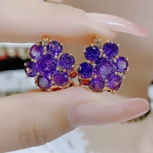 Double-sided Purple Crystal Flower Stud Earrings Fashionable Sparkling Simple Ear Buckle Ear Pendants Elegant High-end Feeling Jewelry