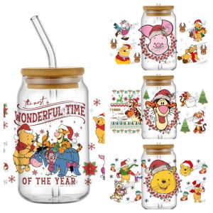 New 12 Design Xmas Series Pooh Cute Bear 16oz UV DTF 3D Phone Sticker Decals Wraps Glass Can Cups Creative Craft DIY Gifts