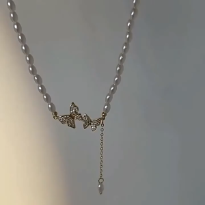 Womens Butterfly Choker Necklace -Gold Plated Rhinestone Simulated Pearl Wedding Party Gift Jewelry