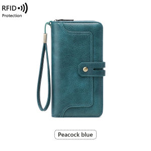 Multi-Functional RFID Blocking Womens Wallet Retro Long Clutch with Zipper Buckle Color-Blocking Print Design Multi-Slot