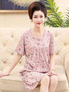 ชุดนอนผู้หญิงแขนสั้นผ้าฝ้ายแท้ยาวปานกลางฤดูร้อน ชุดนอนผู้หญิงวัยกลางคน ชุดนอนผู้หญิงไซส์ใหญ่ ชุดเดรสผ้าฝ้ายเต็มตัว