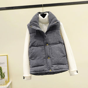 Womens Loose Corduroy Vest Autumn Winter Short Bread Style Jacket Thickened Cotton Polyester Fiber Button Chain Pocket Design
