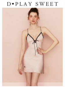 Seductive Peach Pink Deep V Neck Slip Dress Satin Fabric