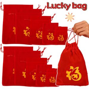 2026 New Year Peaceful Blessings Velvet Pouch Drawstring Red Fu Word Gift Pouches Jewelry Packaging New Year Wedding Xmas Packing Bags