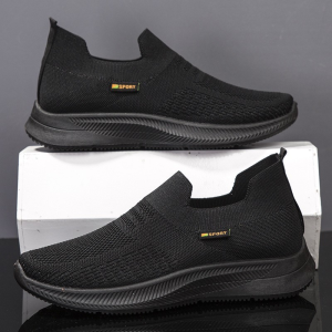 Hot Sale All Black Rubber Shoes For Men Korean Fashion Mesh Breathable Slip On Sneakers ComfortCasual Walking Shoes For Men