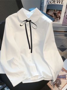 Áo Sơ Mi Dài Tay Màu Trắng Cổ Búp Bê Lót Lông Cừu Cơ Bản Cho Nữ Mùa Thu 2025 Áo Sơ Mi Ren Tròn Cổ Bẻ Tay Dài Thường Ngày