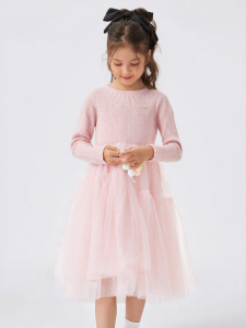 Childrens Spring Knit Mesh Dress Girls Princess Long Dress