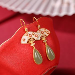 New Chinese Style Jade Eardrops Super Fairy Mori Style Fan-Shaped National Style Retro Elegant Cheongsam Han Chinese Clothing Accessories Ethnic Earrings