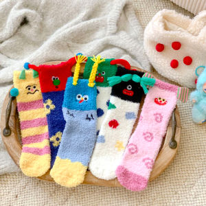 Womens Autumn Winter Christmas Cute Cartoon Embroidery Coral Fleece Socks Mid-Calf Thickened Sleep Socks Home Floor Socks