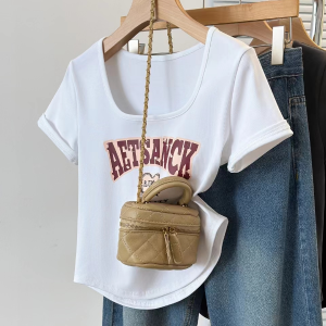 Slim Fit American Retro T-Shirt Womens Summer Short Sleeve Print Square Neck Top plus Size Fashionable Versatile Body Shaping