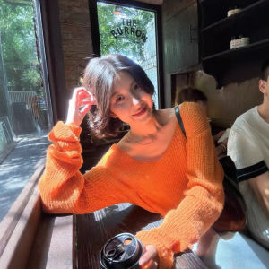 CHOEFULYN | Orange V-Neck Long Sleeve Knit Sweater for Women
